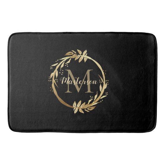 Chic Black Gold Monogram Eucalyptus Wreate Badmat (Voorkant)