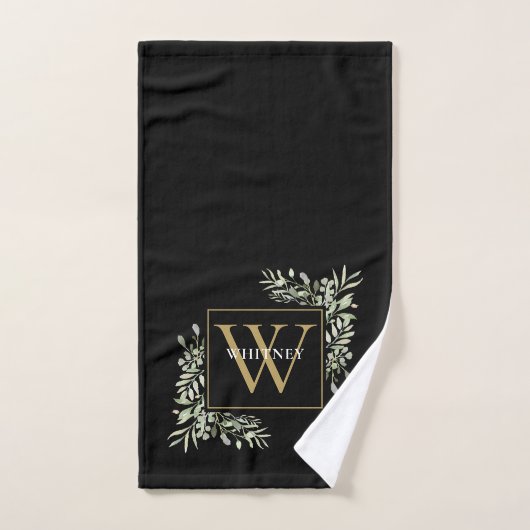 Chic Black Gold Monogram Greenery Floral Bad Handdoek (Handdoek)