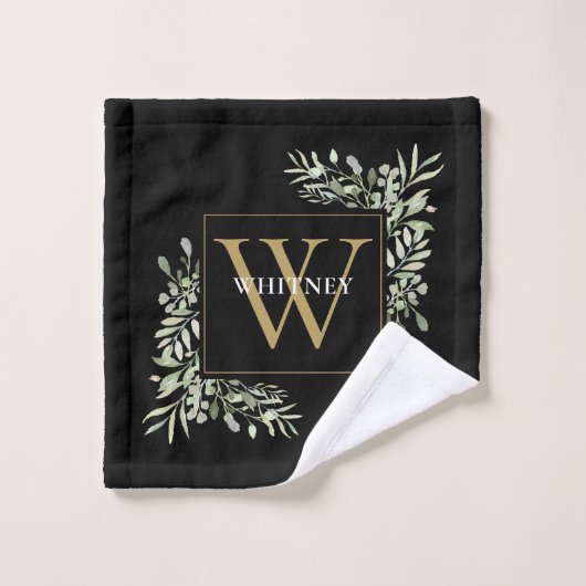 Chic Black Gold Monogram Greenery Floral Bad Handdoek (Wasdoekje)