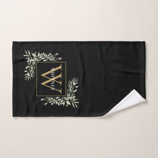 Chic Black Gold Monogram Greenery Floral Bad Handdoek (Handdoek)