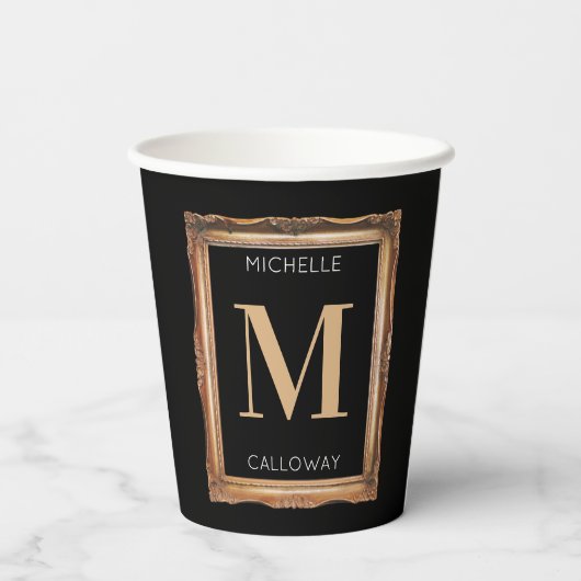 Chic Black & Gold Monogram Papieren Bekers (Achterkant)