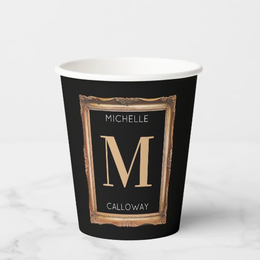 Chic Black & Gold Monogram Papieren Bekers (Voorkant)
