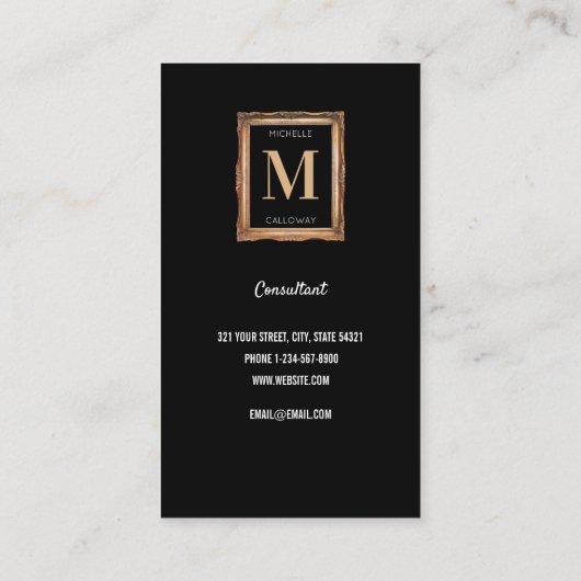 Chic Black & Gold Monogram Professional Visitekaartje (Achterkant)