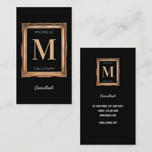 Chic Black & Gold Monogram Professional Visitekaartje (Voorkant / Achterkant)