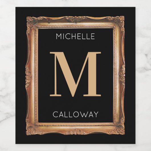 Chic Black & Gold Monogram Wijn Etiket (Enkel label)