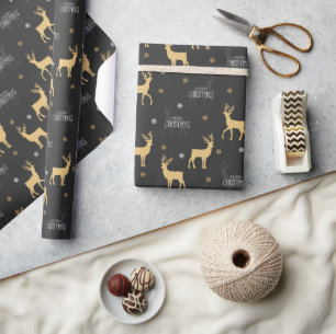 Chic Black Gold Reindeer Merry kerst Cadeaupapier
