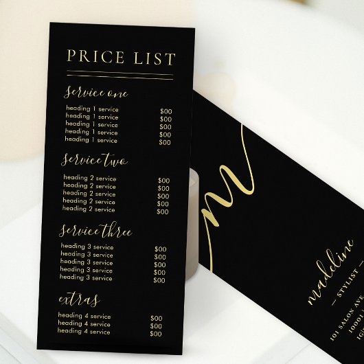 Chic Black Gold Script Calligrafie Prijslijst Reclamekaart