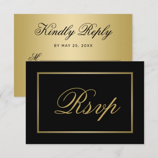 Chic Black Gold Script Calligraphy Wedding RSVP Kaartje (Voorkant / Achterkant)