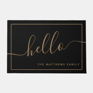 Chic Black Gold Script Hallo Familienaam Welkom Deurmat