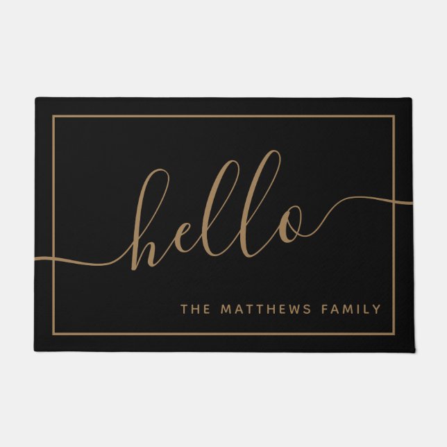 Chic Black Gold Script Hallo Familienaam Welkom Deurmat (Voorkant)