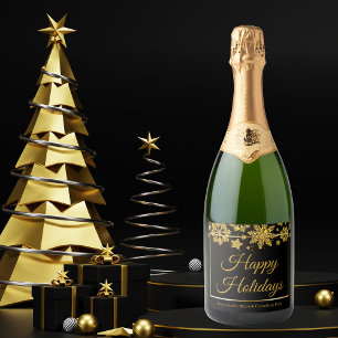 Chic Black Gold Snowflake Custom Holiday Party Sparkling Wijnetiket
