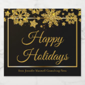 Chic Black Gold Snowflake Custom Holiday Party Sparkling Wijnetiket (Enkel label)