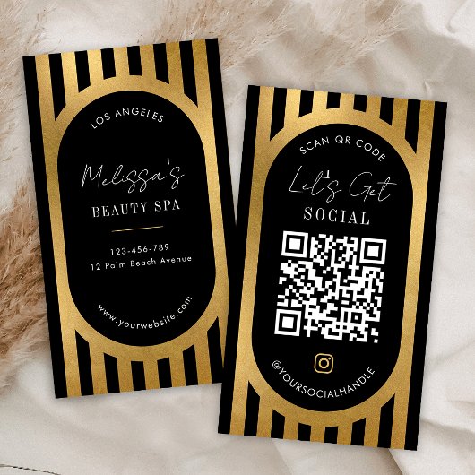 Chic Black & Gold Stripes Social Media QR Code Visitekaartje
