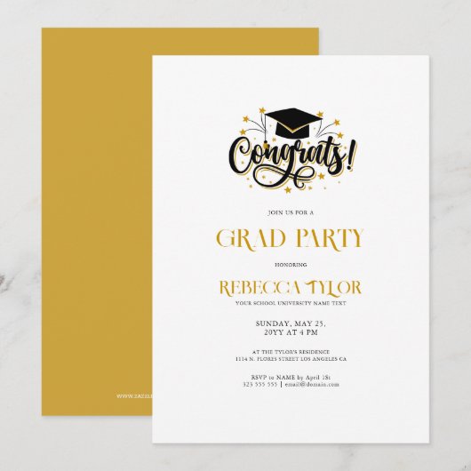 Chic Black & Gold Typography Afstudeerder Party In Kaart (Voorkant / Achterkant)