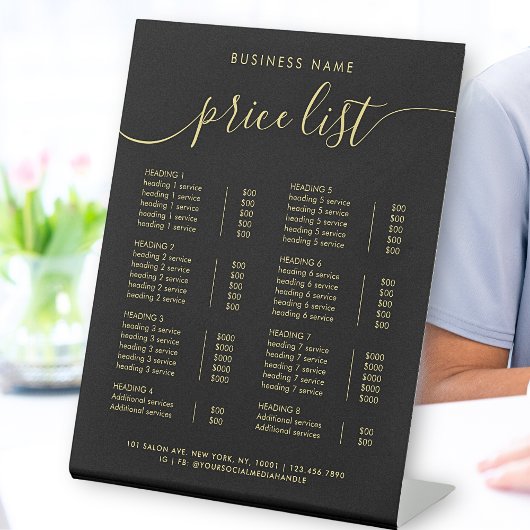 Chic Black Gold Typography Service prijslijst Reclamebord Met Voetstuk