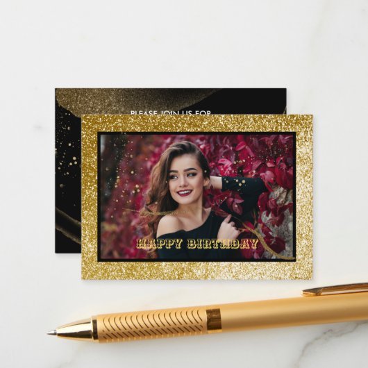 Chic Black & Gold Verjaardag Party Enclosure Kaart (Voorkant / Achterkant in situ)