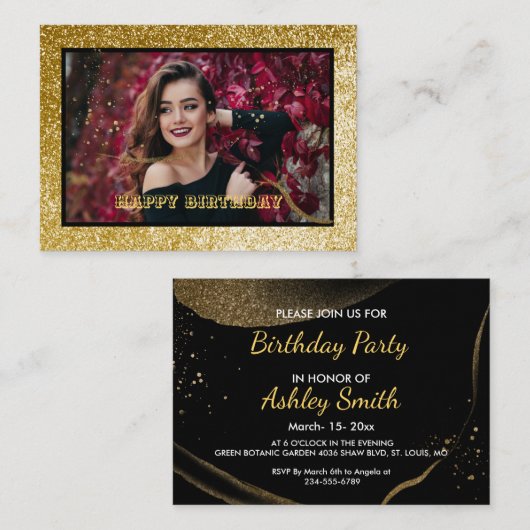 Chic Black & Gold Verjaardag Party Enclosure Kaart (Voorkant / Achterkant)