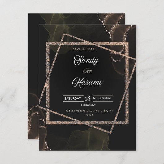 Chic Black & Gold Wedding Stylish Invitation (Voorkant / Achterkant)