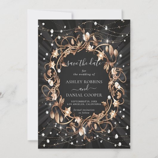 Chic Black  Golden Leaves Bewaar de datum Kaart (Voorkant)