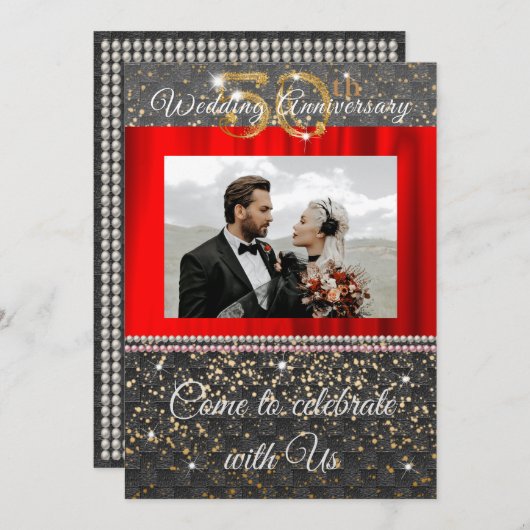 Chic Black Goud & Parels 50ste Huwelijksjubileum Kaart (Voorkant / Achterkant)
