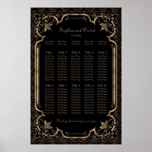 Chic Black Great Gatsby Art Deco-zittingskaart Poster (Voorkant)