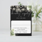 Chic Black Greenery Bloemen String Lights Trouwen RSVP Kaartje (Staand voorkant)