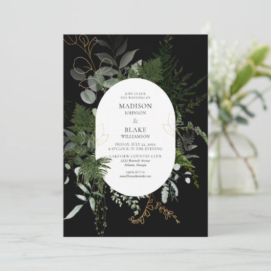Chic Black Greenery Forest Wedding Kaart (Staand voorkant)