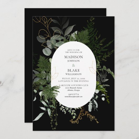 Chic Black Greenery Forest Wedding Kaart (Voorkant / Achterkant)