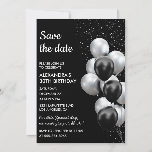 Chic Black Grey Balloon 30th Save the Date Kaart (Voorkant)