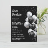 Chic Black Grey Balloon 30th Save the Date Kaart (Staand voorkant)