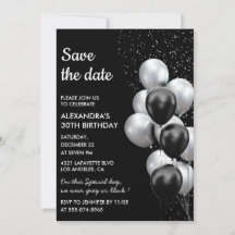 Chic Black Grey Balloon 30th Save the Date