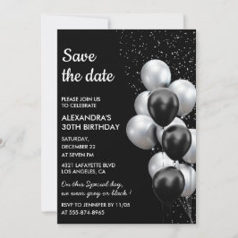 Chic Black Grey Balloon 30th Save the Date Kaart