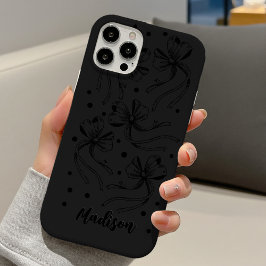 chic black grey coquette bows monogram iPhone 16 hoesje