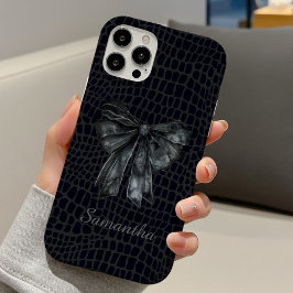 chic black grey crocodile coquette bow monogram iPhone 16 hoesje