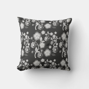 Chic Black, Grey en White Floral Accent Pillow Kussen