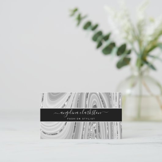 Chic Black Grey White Script Marble Agate Visitekaartje (Staand voorkant)