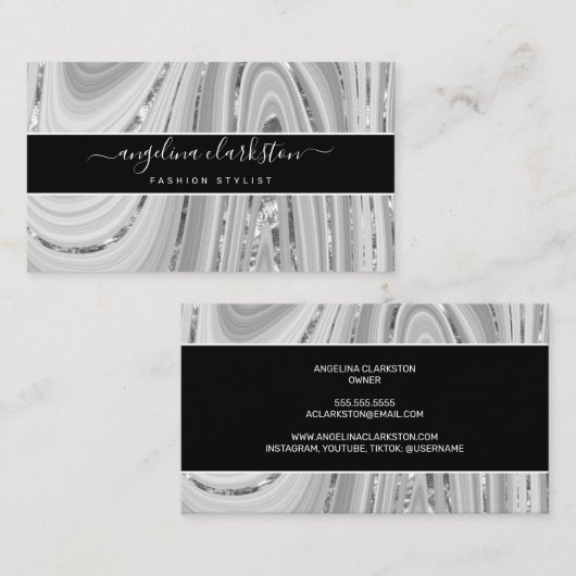 Chic Black Grey White Script Marble Agate Visitekaartje (Voorkant / Achterkant)