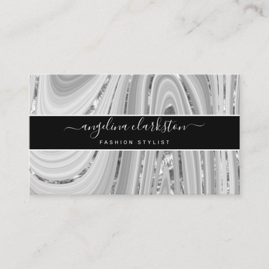 Chic Black Grey White Script Marble Agate Visitekaartje (Voorkant)
