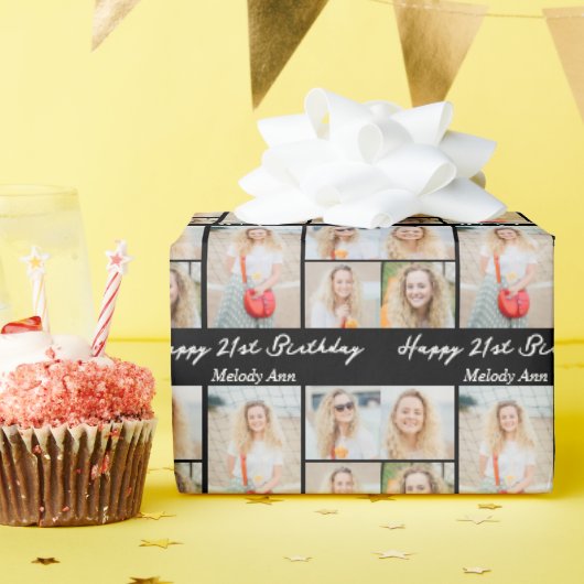 Chic Black Happy Birthday Photo Collage Cadeaupapier (Verjaardagsfeest)