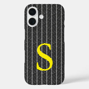 Chic Black Herringbone Chevron Zig Zag Monogram iPhone 16 Hoesje