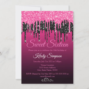 Chic Black Hot Pink Glitter Sweet Sixteen Kaart