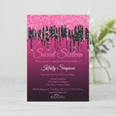 Chic Black Hot Pink Glitter Sweet Sixteen Kaart (Staand voorkant)