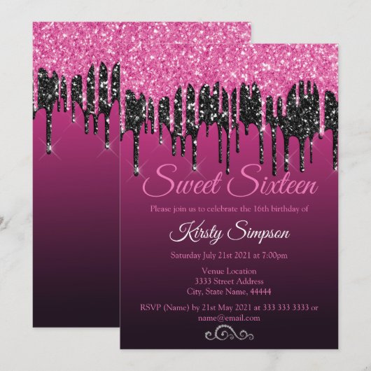 Chic Black Hot Pink Glitter Sweet Sixteen Kaart (Voorkant / Achterkant)