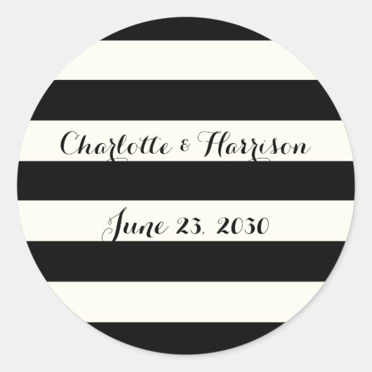 Chic black iory stripes scriptnamen bruiloft ronde sticker (Voorkant)