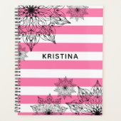 Chic Black Mandalas op roze en witte strepen Planner (Voorkant)