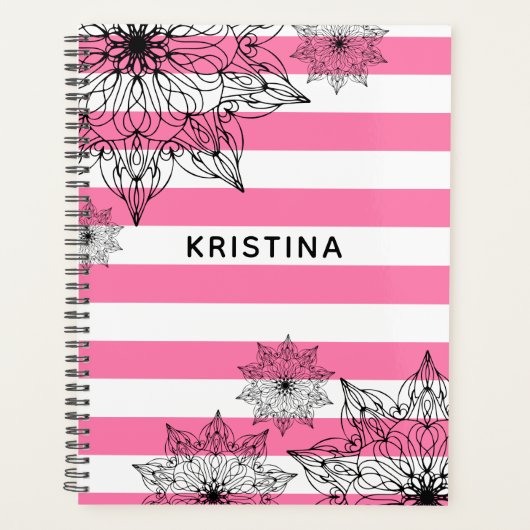 Chic Black Mandalas op roze en witte strepen Planner (Voorkant)