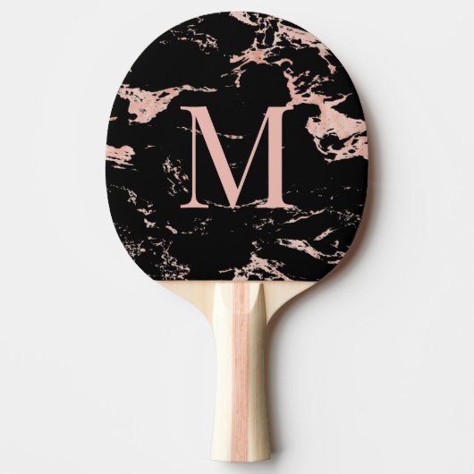 Chic Black Marble Roos Gold Foil Monogram Tafeltennisbatje (Voorkant)