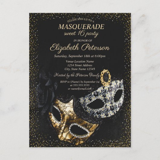 Chic Black Masquerade, Masque Confetti Sweet 16 Uitnodiging Briefkaart (Voorkant)
