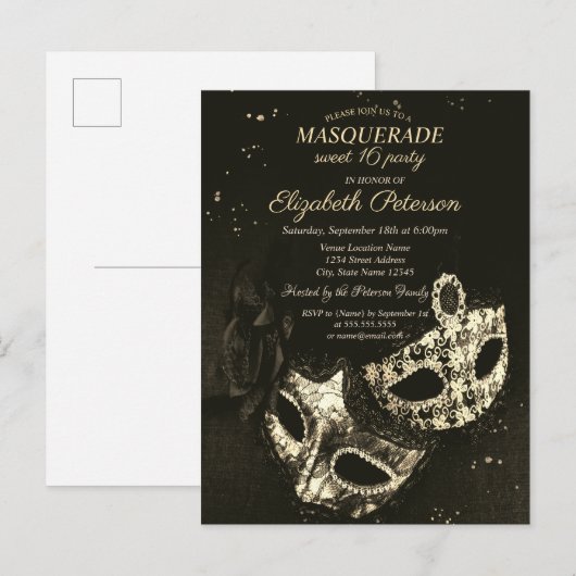 Chic Black Masquerade, Masque Sweet 16 Uitnodiging Briefkaart (Voorkant / Achterkant)