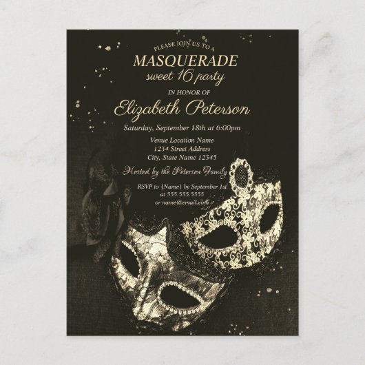 Chic Black Masquerade, Masque Sweet 16 Uitnodiging Briefkaart (Voorkant)